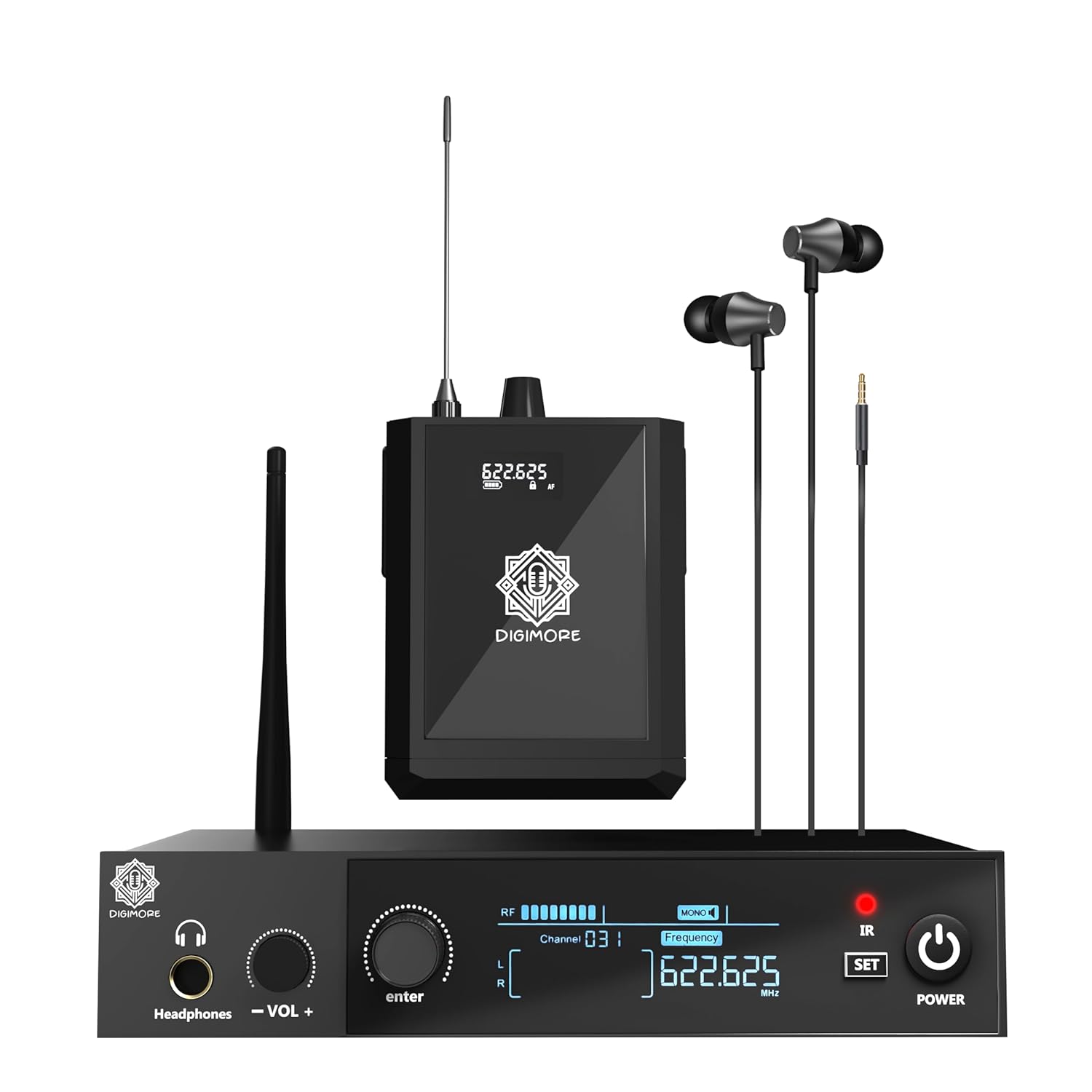 DIGIMORE UHF Wireless in-Ear Monitor System with Earphones | 300 Ft Range | Rack Mount | Professional IEM Stereo System Transmitter | for Studio, Guitar, Band Rehearsal, Live Performance (D-850)