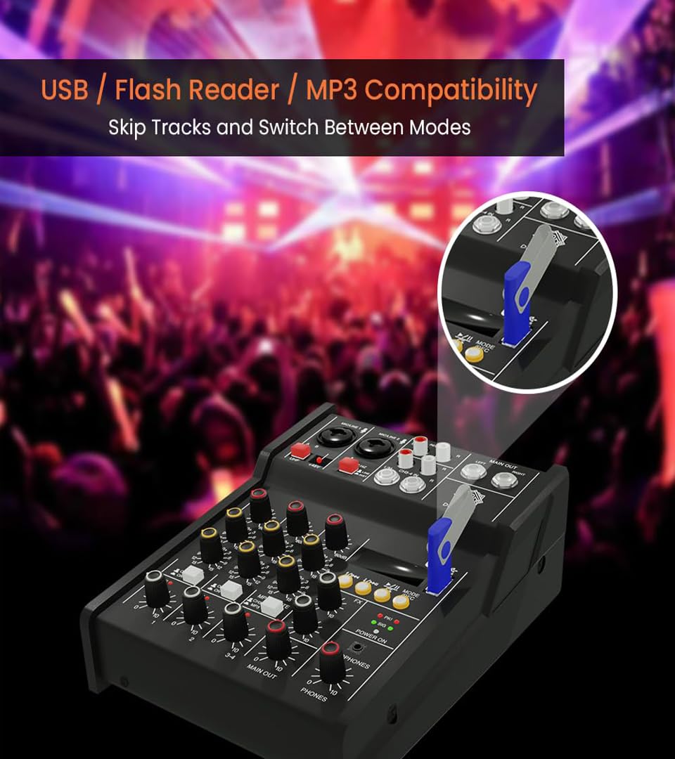 DIGIMORE Audio Mixer 4 Channel for Stage Live Studio Stereo Recording DJ Sound Board Console System Interface with 48V Phantom Power | HI-Z Function (D-200)