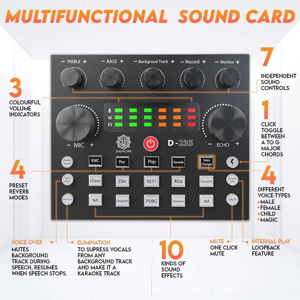 DIGIMORE Condenser Mic for Singing with V8 Sound Card | Condenser Microphone Kit | Voice Changer | Studio Recording Equipments Full Set, Voice Recorder Mic, Karaoke, Gaming, Podcast & Lecture (D-430)