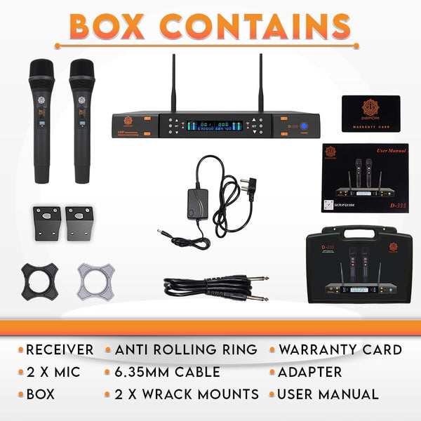 DIGIMORE Dual Wireless Microphone System | 200 Channels | 36 Sets | 328ft Range | IR Blaster | XLR & 6.35mm Output | Flight Case | for Live Performances, Karaoke, Public Speaking, Churches (D-335)