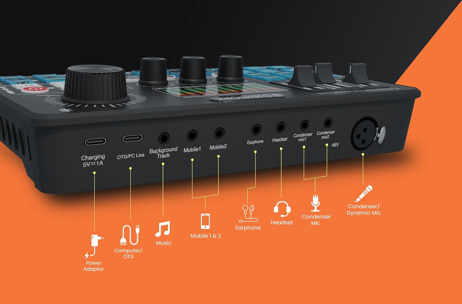 Digimore 48V Phantom Power Professional Live Sound Card for Home Recording Studio with Bluetooth, 4 Voice Change Modes, DeNoise, 3 Condenser Mic Inputs, 2 Phones & 1 Computer Outputs (D-210)