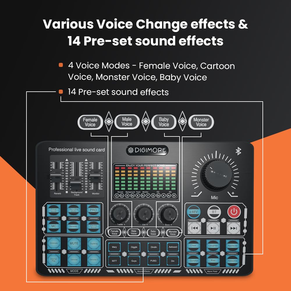 Digimore 48V Phantom Power Professional Live Sound Card for Home Recording Studio with Bluetooth, 4 Voice Change Modes, DeNoise, 3 Condenser Mic Inputs, 2 Phones & 1 Computer Outputs (D-210)