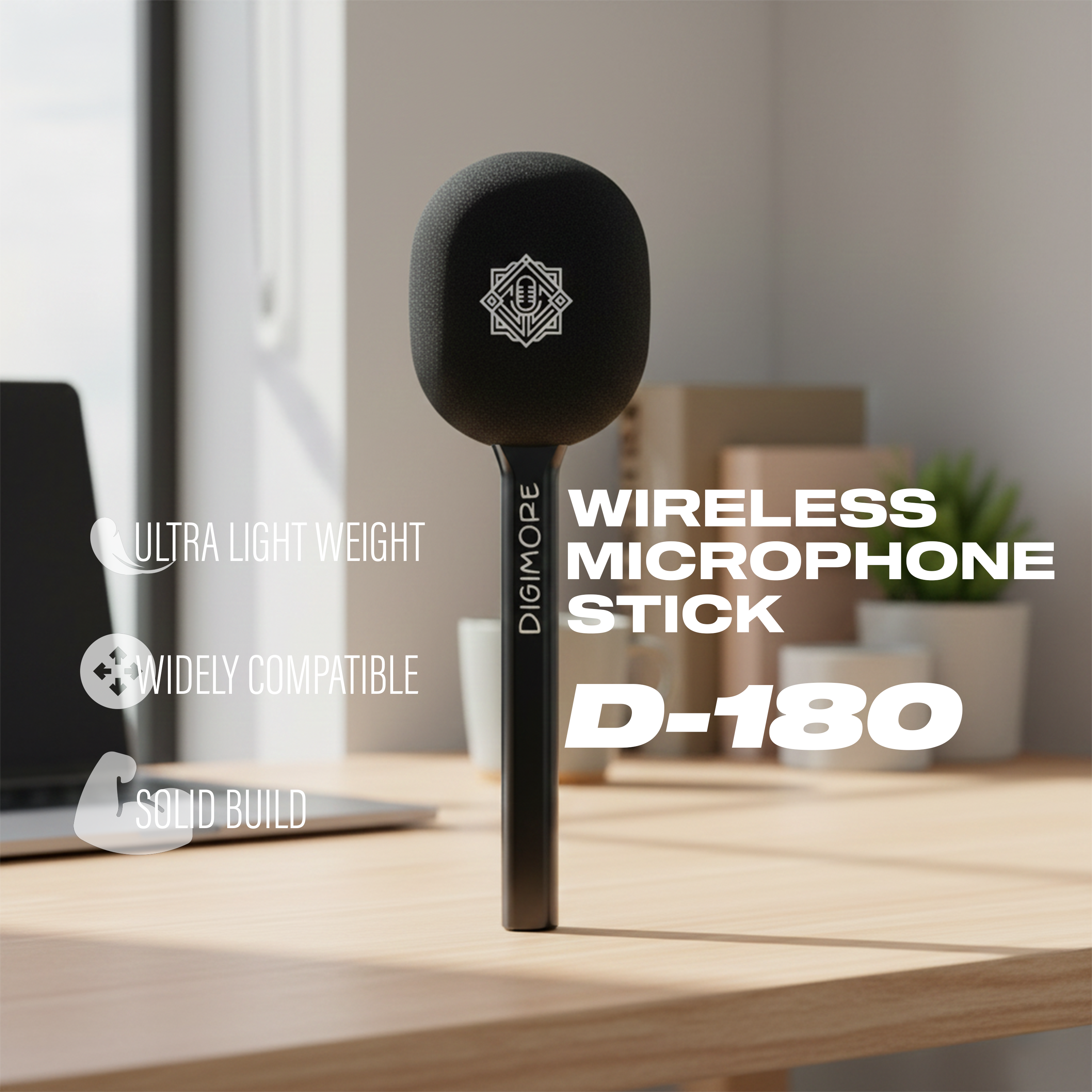 DIGIMORE Wireless Handheld Microphone Stick | Portable Plug & Play Mic with Windproof Sponge | Clear Sound, Long Range | Ideal for Live Shows, Interviews & Vlogging (D-180)