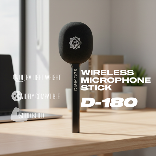 DIGIMORE Wireless Handheld Microphone Stick | Portable Plug & Play Mic with Windproof Sponge | Clear Sound, Long Range | Ideal for Live Shows, Interviews & Vlogging (D-180)