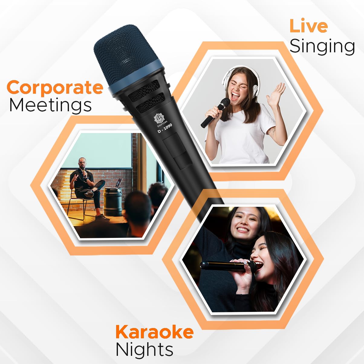 DIGIMORE Super-Cardioid Dynamic Microphone | Durable Metal Body | XLR to 6.35mm 20ft Cable with Mic Holder | Ideal for Vocals, Singing, Live Performance & Public Gatherings (D-1090)