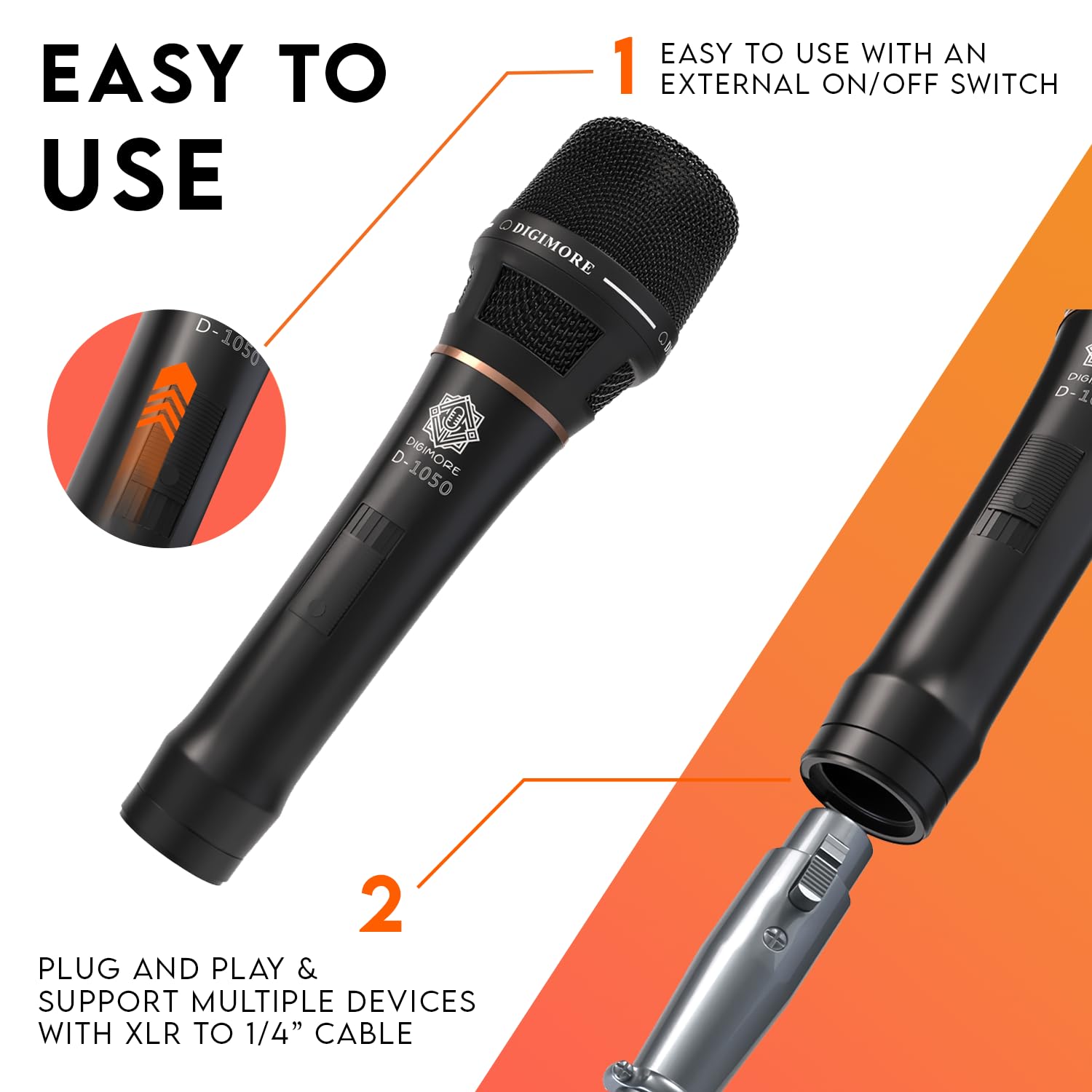 Digimore Supercardioid Dynamic Microphone | Metal Capsule | 20ft XLR Cable | Ideal for Vocals, Singing, Karaoke, Announcements, Live Performances (D-1050)