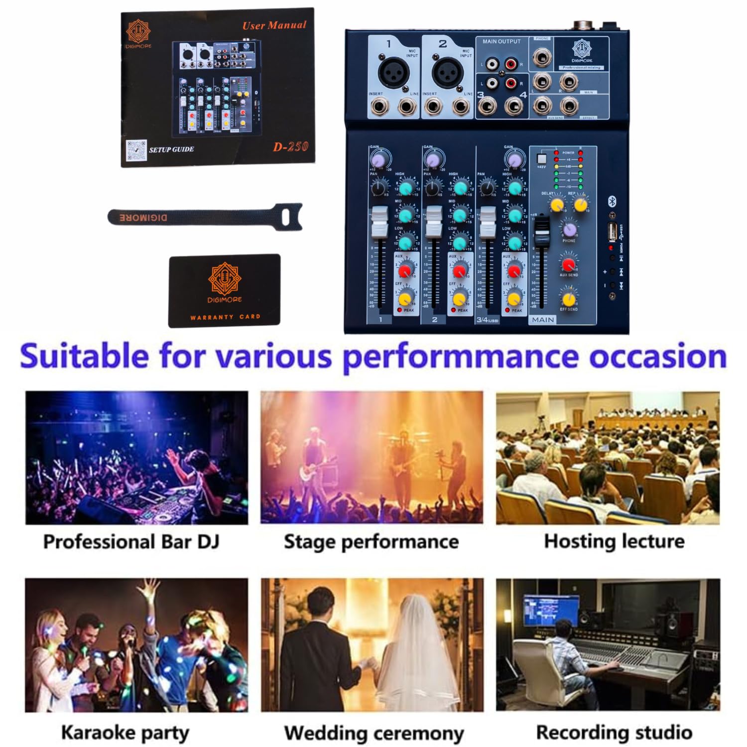 DIGIMORE Audio Mixer 4 Channel | Mixing Console with USB Audio mp3 and 48V Phantom Power, Stereo Equalizer, Ideal for Stage, Live Gigs, and Karaoke (D-250)