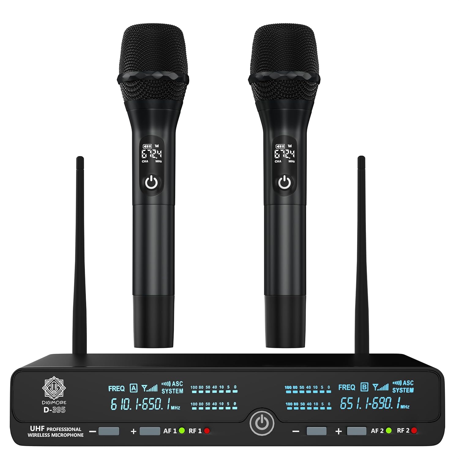 DIGIMORE UHF Wireless Microphone System | Dual Handheld Mics | 72 Channels | 350 ft Range | 8H Battery | Metal Body | Ideal for Karaoke, Stage, Church, DJ, Events, Singing, Public Speaking (D-395 HH)
