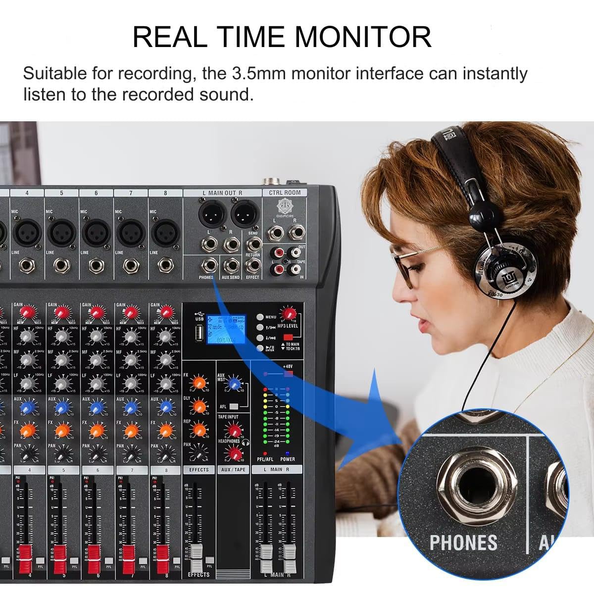 DIGIMORE Professional 8 Channel Mixer | 8 XLR + 6.35MM Input Ports | USB MP3 & BT Support | 48V Phantom Power | Delay & Repeat FX | Stereo Output | Stereo Control Room, Headphone, Aux, EFF Outs D-265