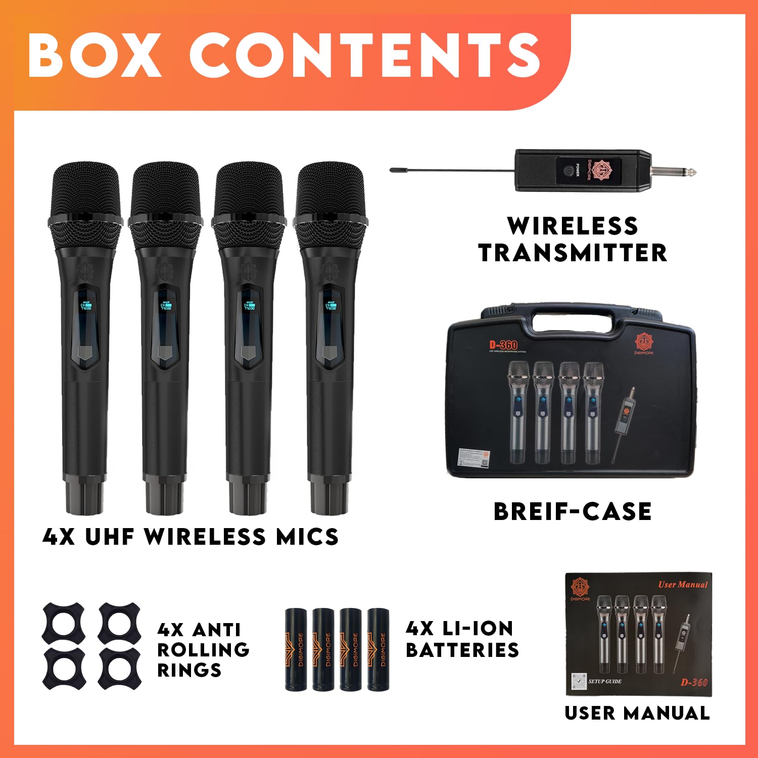 DIGIMORE UHF Wireless Microphone with Rechargeable Receiver and Mic System for House Parties, Outdoor Party, Singing, Classroom (Four Channel Cordless) (D-360 Black)