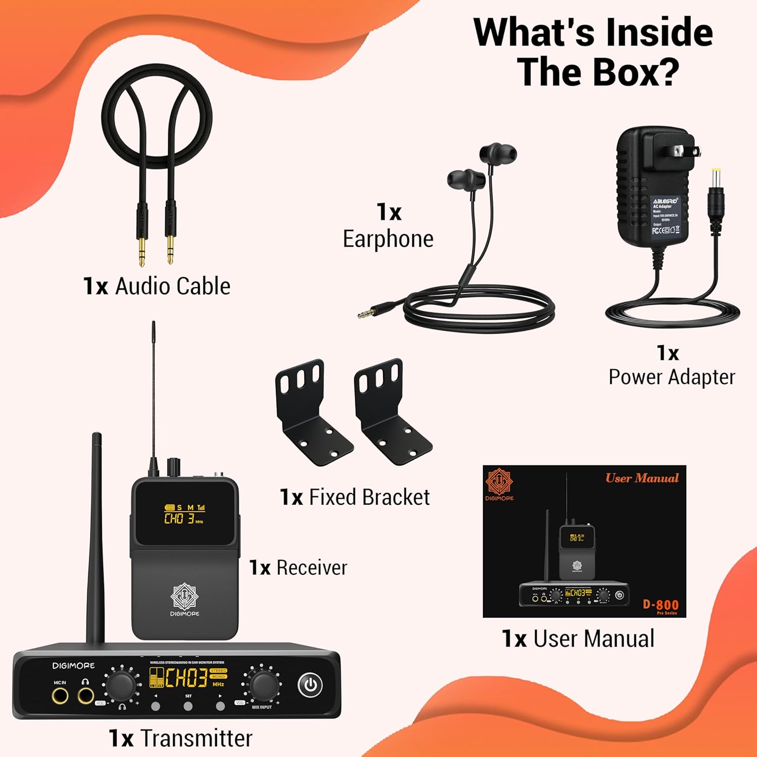 DIGIMORE UHF Wireless in-Ear Monitor System with Earphones | 328 Ft Range | Rack Mount | Professional Stereo Sound Transmitter | for Studio, Guitar, Band Rehearsal, Live Performance (D-800 Pro)