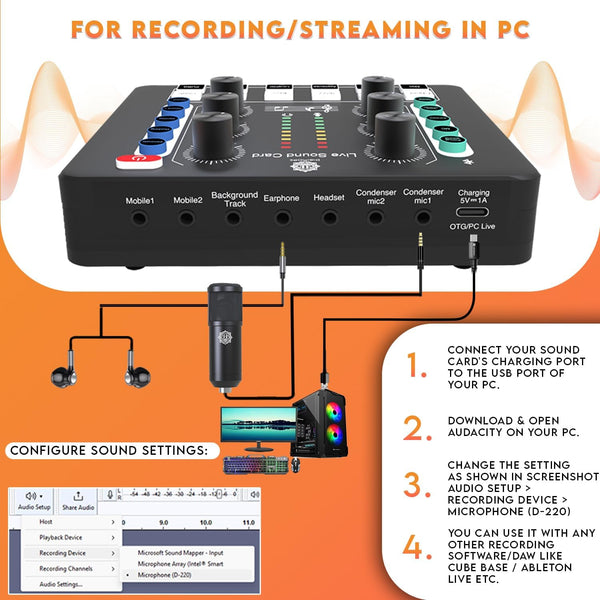 DIGIMORE Dual Condenser Microphone Kit for Singing with D-220 Sound Card | Studio Recording Equipments Full Set, Voice Recorder Mic, Karaoke, Gaming, Podcast & Lecture (D-442)
