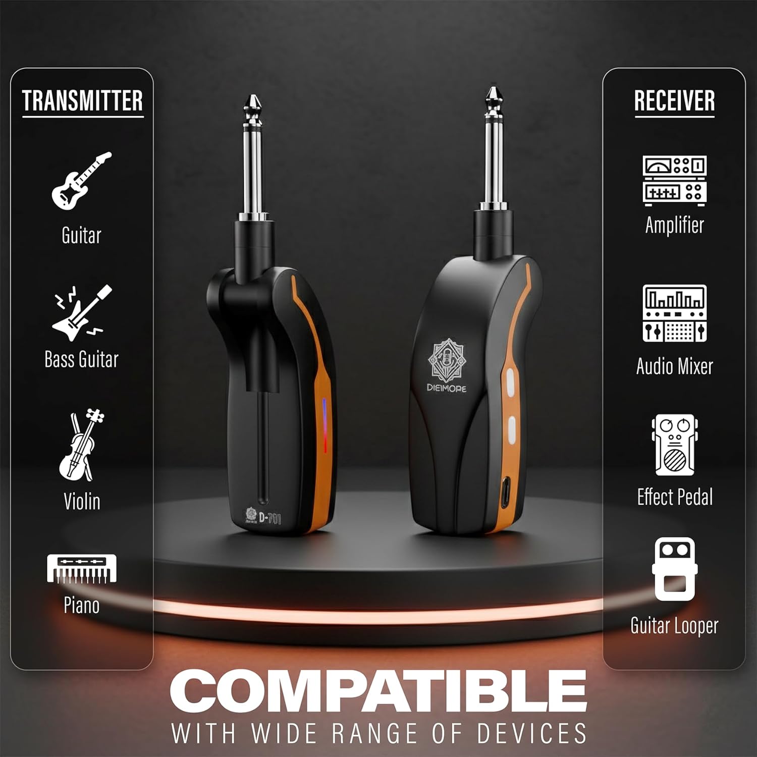 DIGIMORE UHF Wireless Guitar System | 5Hrs Playback | <5ms Latency | 100ft Range | 180° Rotatable Plug | 20Hz - 20KHz Frequency Response | Compatible with Amplifiers, Mixers & Guitar Amps (D-701)