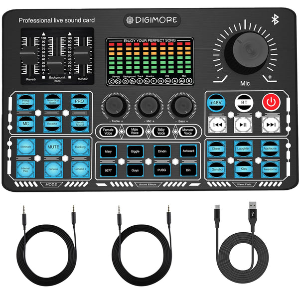 Digimore 48V Phantom Power Professional Live Sound Card for Home Recording Studio with Bluetooth, 4 Voice Change Modes, DeNoise, 3 Condenser Mic Inputs, 2 Phones & 1 Computer Outputs (D-210)