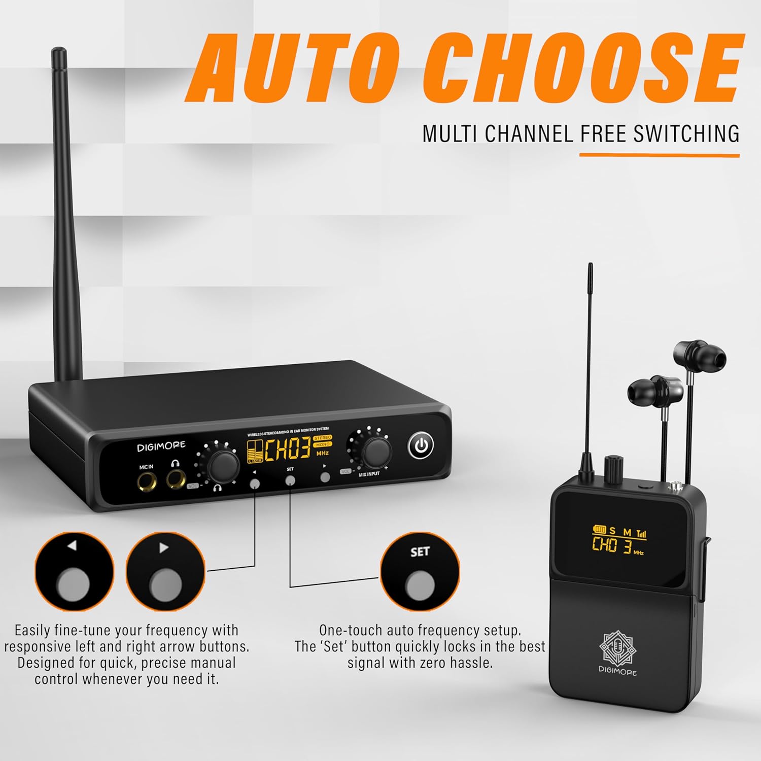 DIGIMORE UHF Wireless in-Ear Monitor System with Earphones | 328 Ft Range | Rack Mount | Professional Stereo Sound Transmitter | for Studio, Guitar, Band Rehearsal, Live Performance (D-800 Pro)