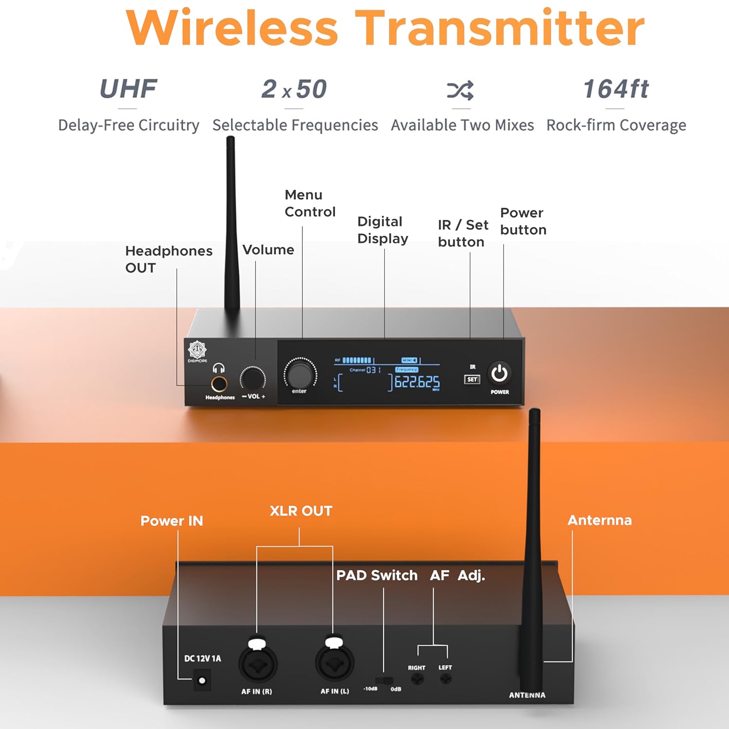 DIGIMORE UHF Wireless in-Ear Monitor System with Earphones | 300 Ft Range | Rack Mount | Professional IEM Stereo System Transmitter | for Studio, Guitar, Band Rehearsal, Live Performance (D-850)