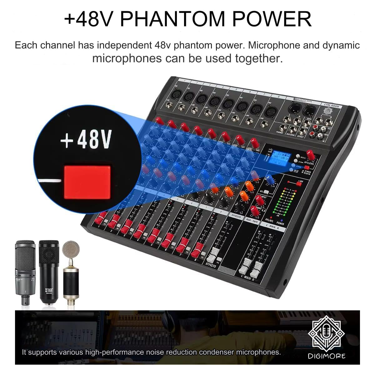 DIGIMORE Professional 8 Channel Mixer | 8 XLR + 6.35MM Input Ports | USB MP3 & BT Support | 48V Phantom Power | Delay & Repeat FX | Stereo Output | Stereo Control Room, Headphone, Aux, EFF Outs D-265
