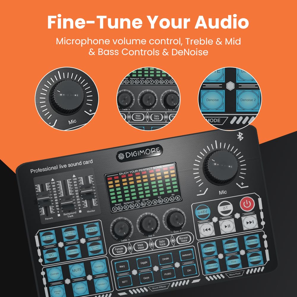 Digimore 48V Phantom Power Professional Live Sound Card for Home Recording Studio with Bluetooth, 4 Voice Change Modes, DeNoise, 3 Condenser Mic Inputs, 2 Phones & 1 Computer Outputs (D-210)