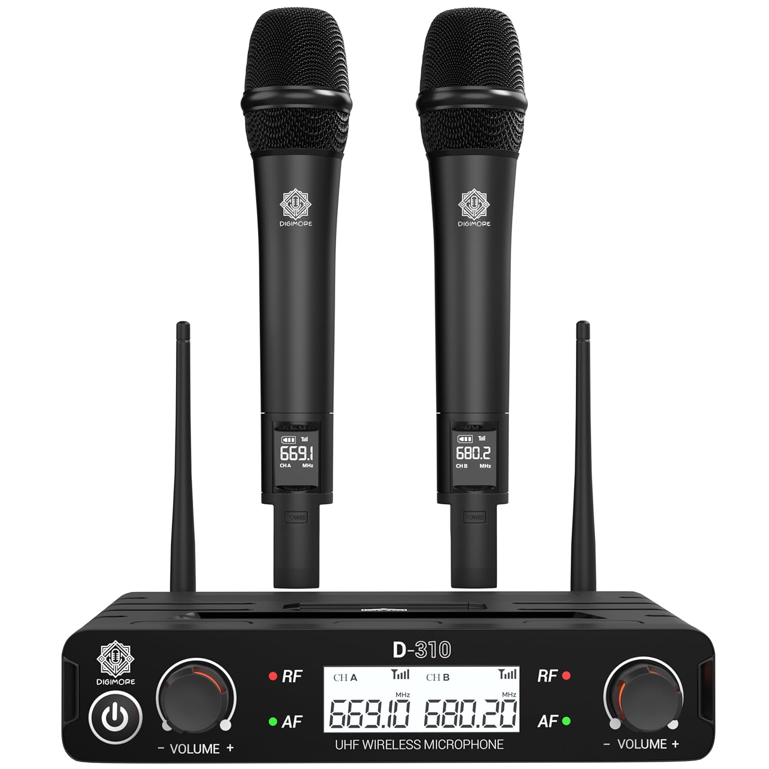 DIGIMORE Dual UHF Wireless Microphone System | 324ft Range | Metal Body | Cardioid Pickup | XLR Bal + 6.35mm UnBal Outs | for Singing, Live Events, Church, DJ & Karaoke (D-310 Pro)