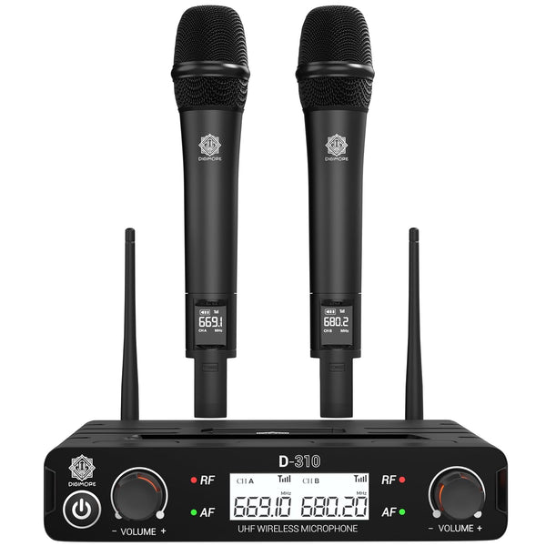 DIGIMORE Dual UHF Wireless Microphone System | 324ft Range | Metal Body | Cardioid Pickup | XLR Bal + 6.35mm UnBal Outs | for Singing, Live Events, Church, DJ & Karaoke (D-310 Pro)