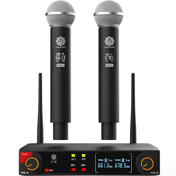 DIGIMORE UHF Dual Wireless Microphone System | 197ft Range | Cardioid Mic |Balanced XLR Outs | 8Hrs Battery Life | Type-C Charging | Perfect for Churches, Singing, Karaoke & Live Shows (D-305 HH)