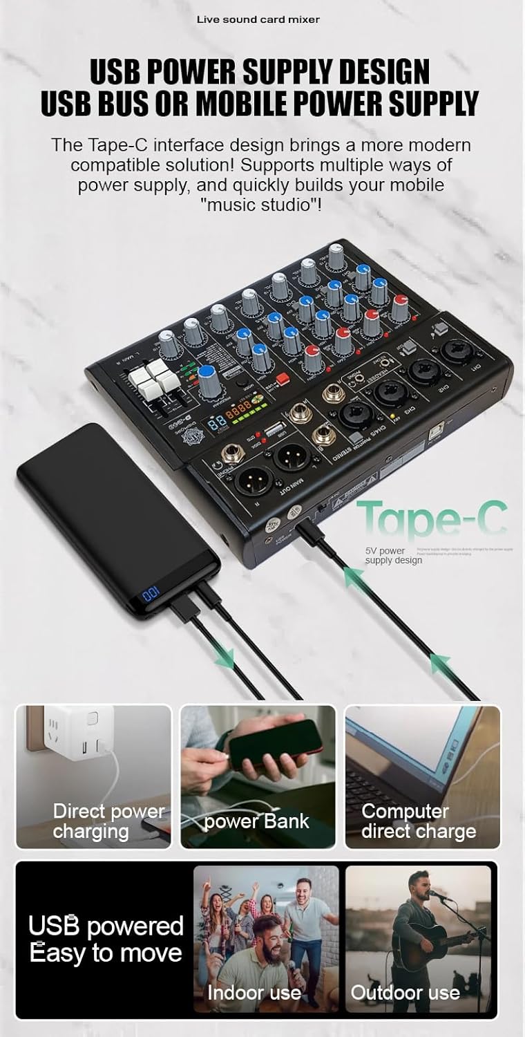 DIGIMORE 7 Channel Audio Mixer | DJ mixer Board | Bluetooth MP3 Mixer for Music With Sound Card Recording And 88 Kinds of DSP Digital Effects, USB Audio Interface for Karaoke (D-240)