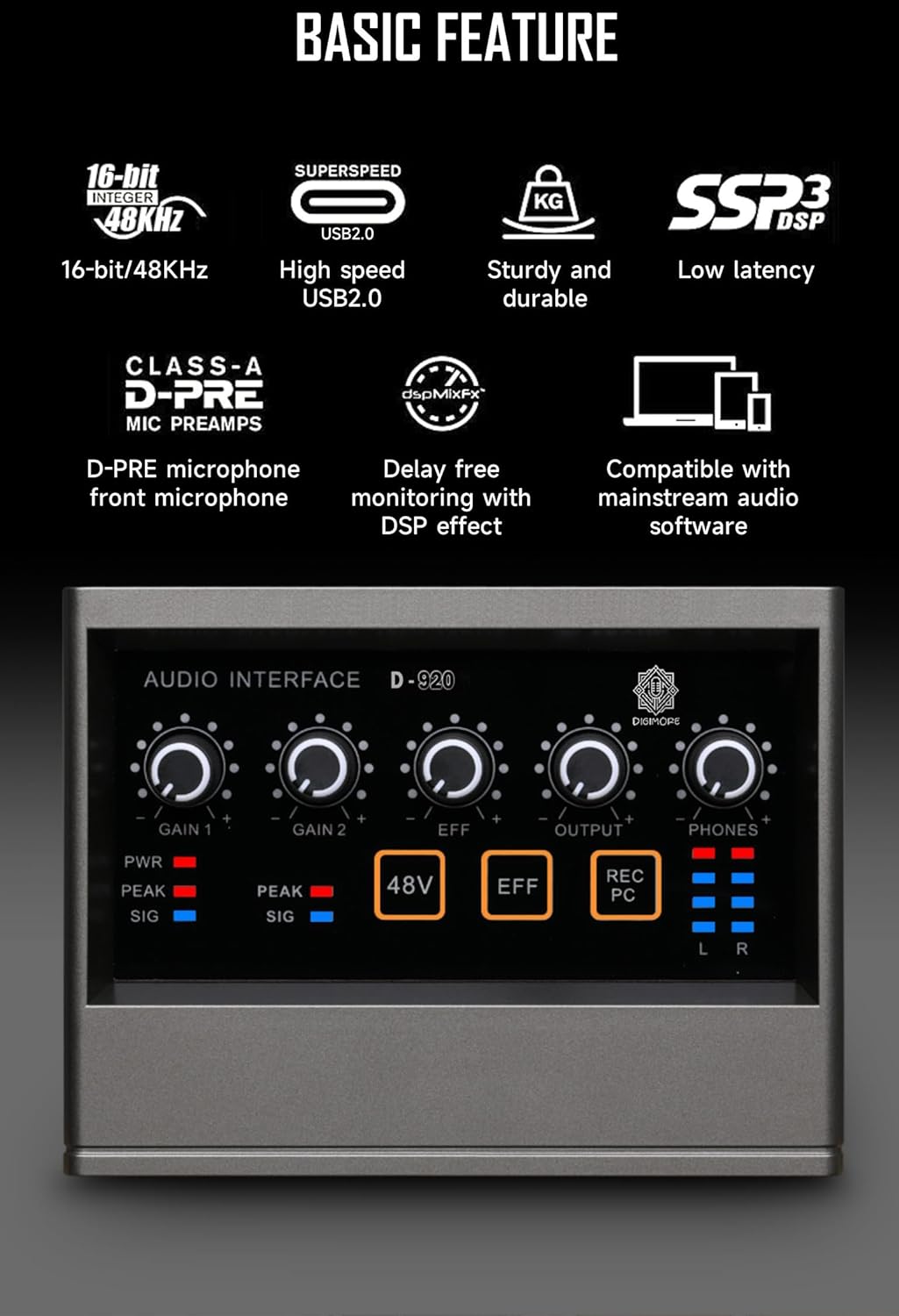 DIGIMORE 2 Channel Audio Interface For Recording Studio | Sound Card With 48KHz/16Bit USB-C, Built-in Monitor Jack, DSP Effect, 48V Phantom Power Use for Singing, Streaming, Podcasting (D-920)