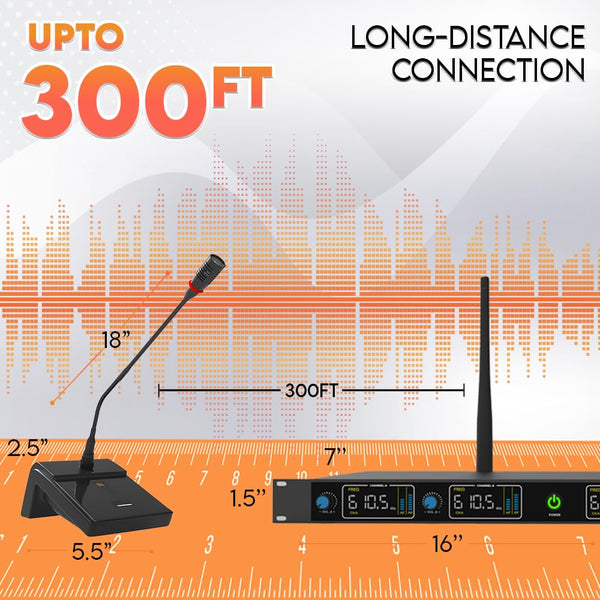 DIGIMORE UHF Wireless Desktop Gooseneck Microphone | 18" Podium Microphone | 120 Channels | 300 Feet Range | Meetings, Video Conferences, Streaming Lectures, Social Events (D-640)