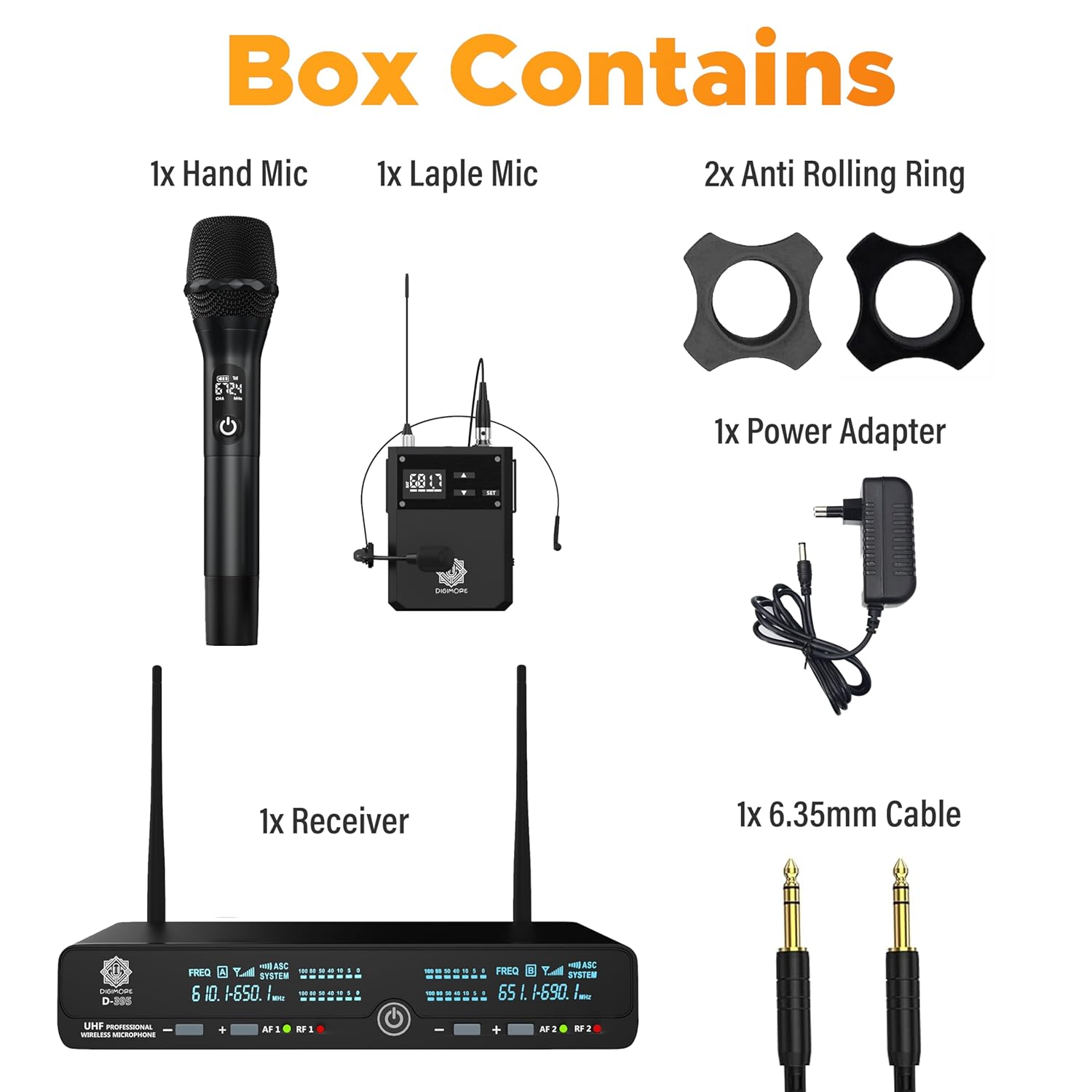 DIGIMORE UHF Wireless Microphone System | Handheld & Lavalier mic | 72 Channels | 350 Ft Range | Metal Body | Ideal for PA Systems, Stage, Church, Singing, Speech, Fitness, Conferences (D-395 HL)