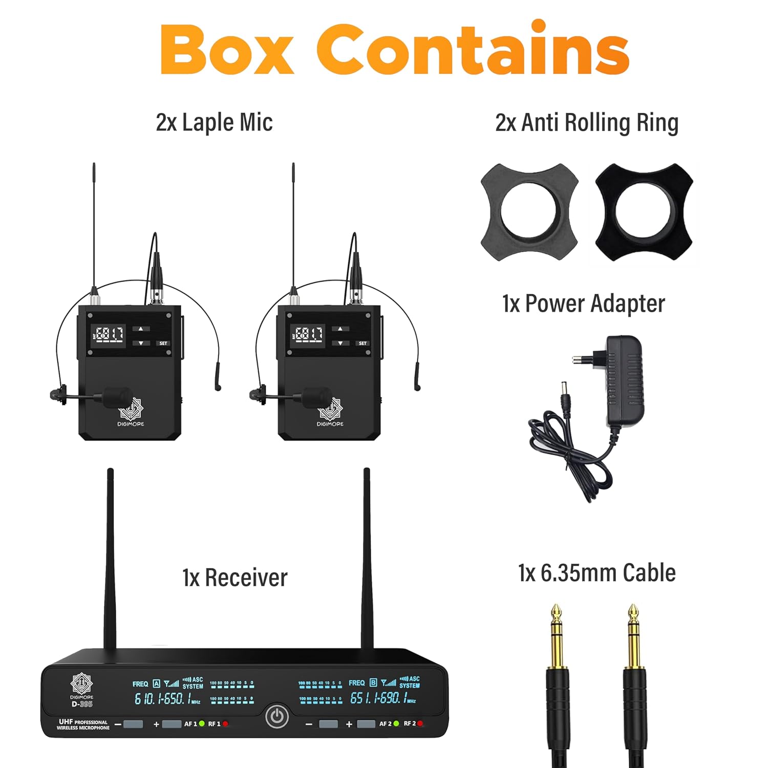 DIGIMORE UHF Wireless Microphone System | 72 Channels | 350 ft Range | 2X Lavelier Mic | Metal Body | PA System, DJ, Stage, Church, Karaoke, Speech, Singing (D-395 LL)