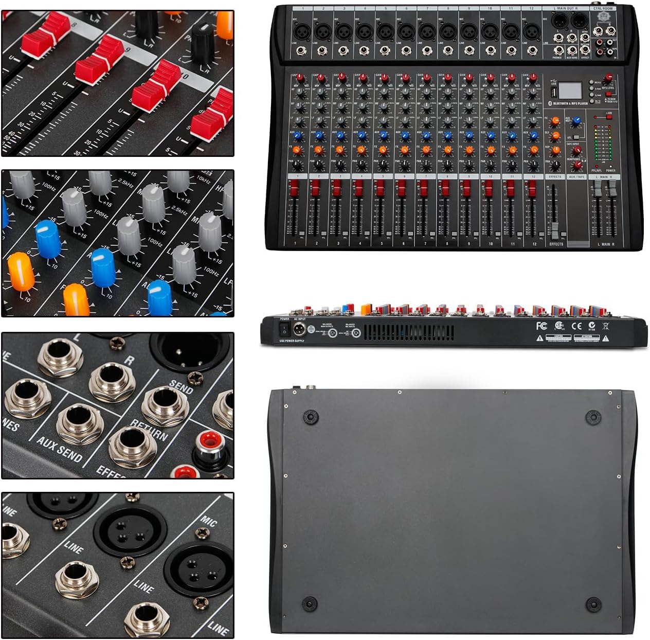 DIGIMORE Professional 12 Channel Mixer | 12 XLR + 6.35MM Inputs | USB MP3 & BT Support | 48V Phantom Power | 5-Band Eq | Delay & Repeat FX|Stereo Output| Stereo Control Room, Headphone, Aux, EFF D-285
