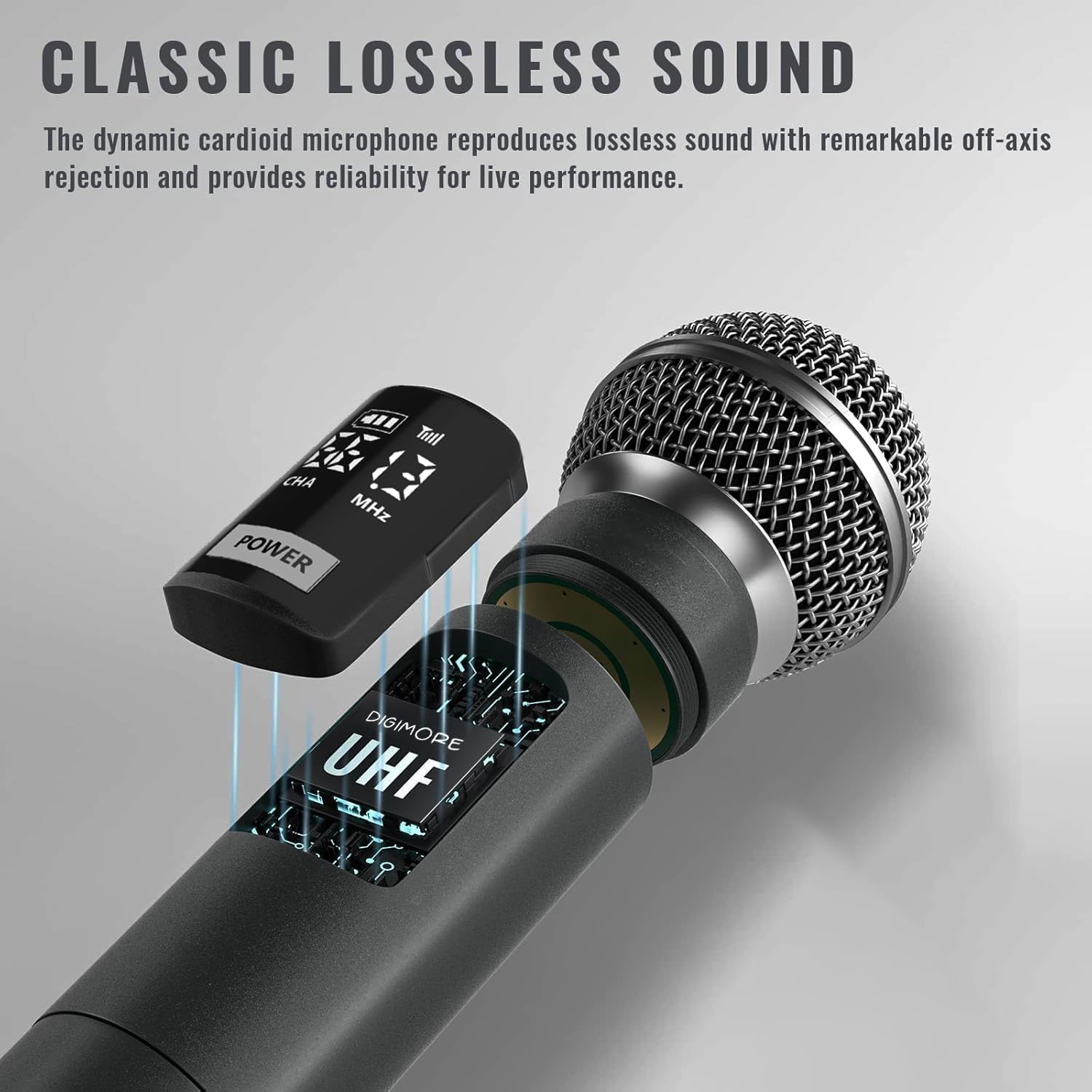 DIGIMORE UHF Wireless Microphone System | Cardioid Pickup | 1 Hand + 1 Head Mic w 3-Pin Mini XLR | 197ft Range | Balanced XLR Outputs | Perfect for Stage, Events, Public Speaking & Worship (D-305 HL)
