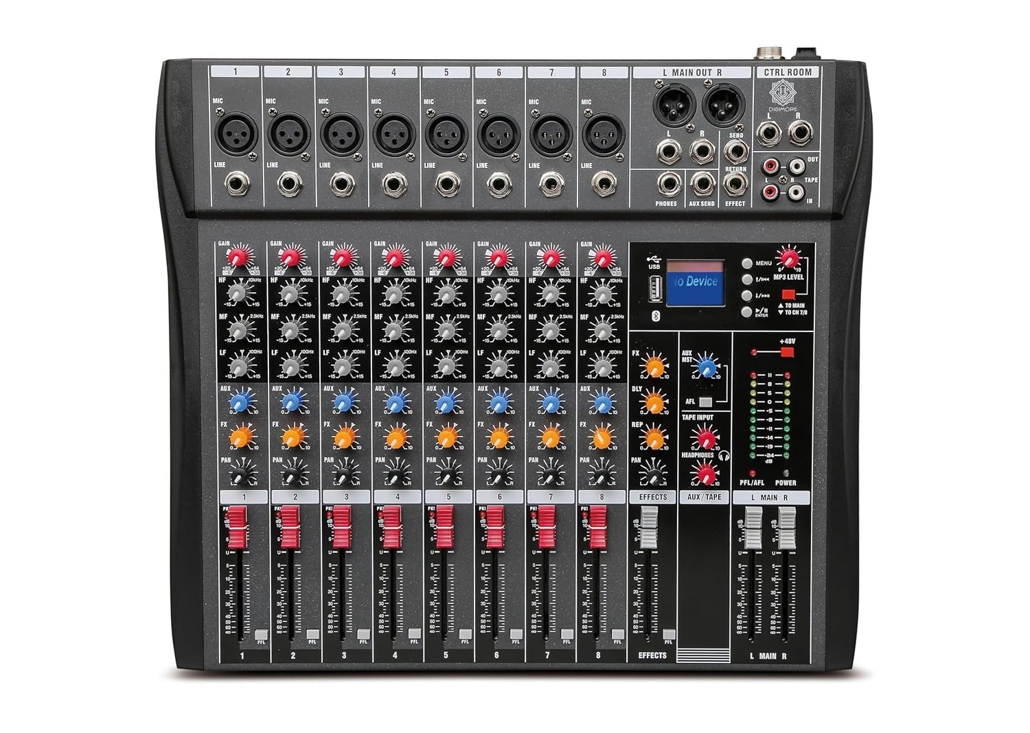 DIGIMORE Professional 8 Channel Mixer | 8 XLR + 6.35MM Input Ports | USB MP3 & BT Support | 48V Phantom Power | Delay & Repeat FX | Stereo Output | Stereo Control Room, Headphone, Aux, EFF Outs D-260