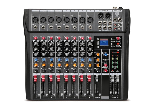 DIGIMORE Professional 8 Channel Mixer | 8 XLR + 6.35MM Input Ports | USB MP3 & BT Support | 48V Phantom Power | Delay & Repeat FX | Stereo Output | Stereo Control Room, Headphone, Aux, EFF Outs D-265