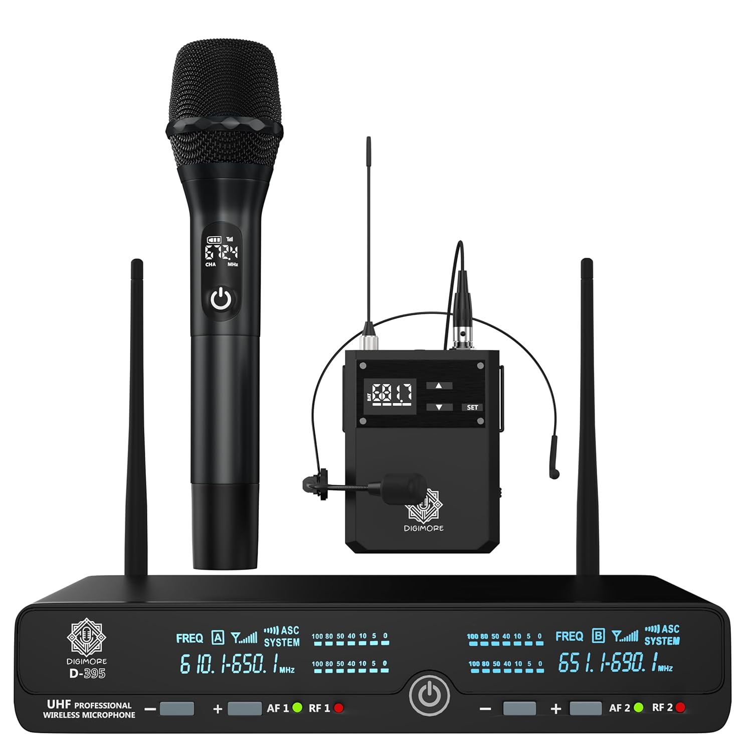 DIGIMORE UHF Wireless Microphone System | Handheld & Lavalier mic | 72 Channels | 350 Ft Range | Metal Body | Ideal for PA Systems, Stage, Church, Singing, Speech, Fitness, Conferences (D-395 HL)