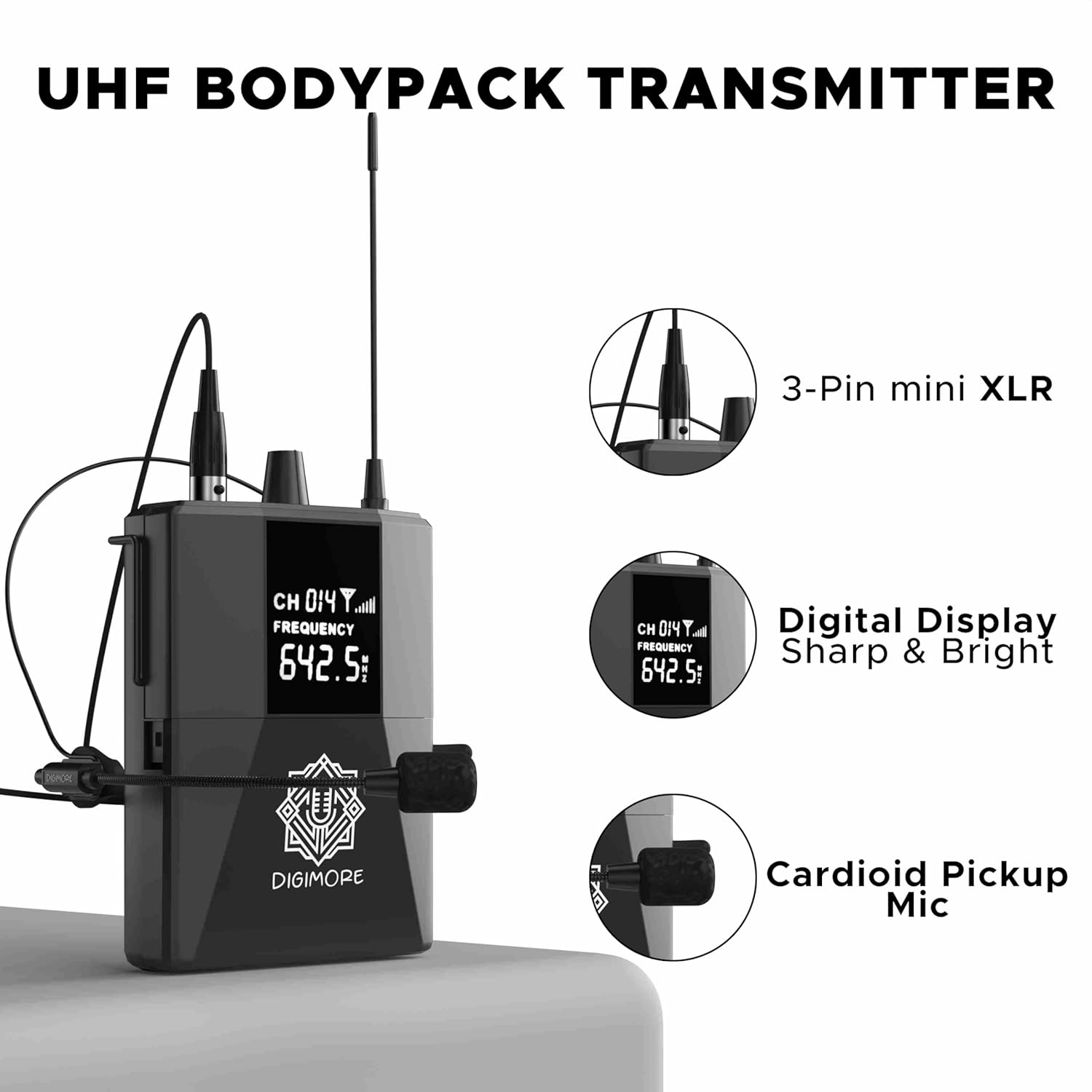 DIGIMORE UHF Wireless Microphone System | Cardioid Pickup | 1 Hand + 1 Head Mic w 3-Pin Mini XLR | 197ft Range | Balanced XLR Outputs | Perfect for Stage, Events, Public Speaking & Worship (D-305 HL)