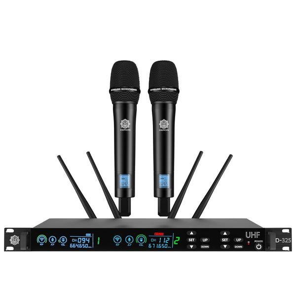 DIGIMORE UHF Wireless Microphone System with True Diversity | 200 Channels | 750ft Range | Metal Body with Flight Case | DSP Frequency Lock | Stage, PA, Karaoke, Public Speaking, Church (D-325)