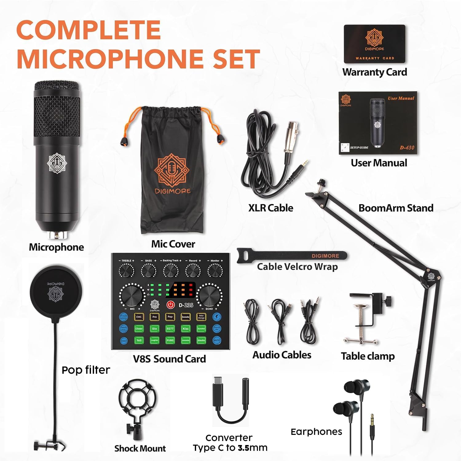 DIGIMORE Condenser Mic for Singing with V8 Sound Card | Condenser Microphone Kit | Voice Changer | Studio Recording Equipments Full Set, Voice Recorder Mic, Karaoke, Gaming, Podcast & Lecture (D-430)