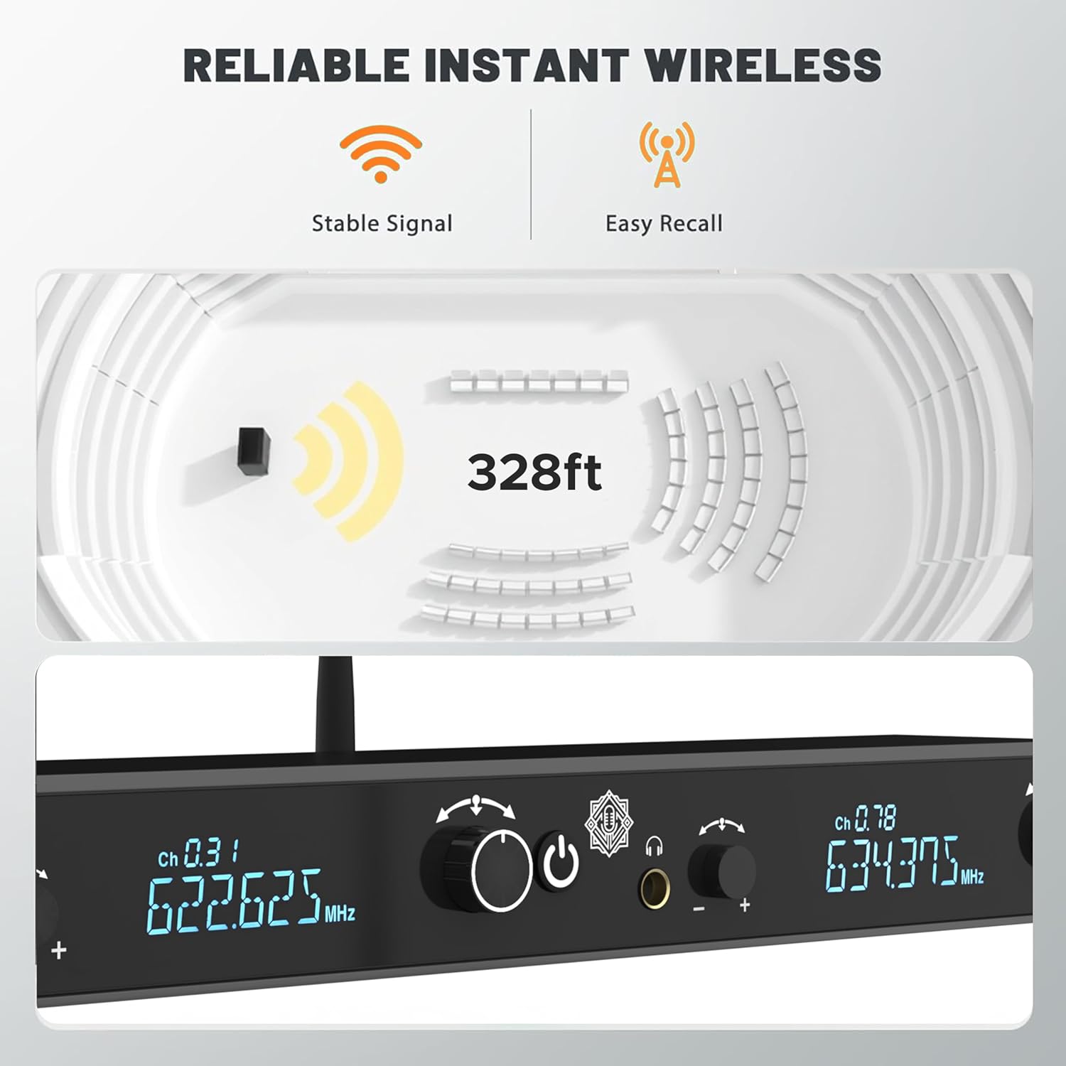 DIGIMORE UHF 2-Channel Wireless in-Ear Monitor System with Earphones | 328ft Range | 1U Rack Mount Body | for Stage Monitoring, Studio, Band Rehearsal, Live Performance (D-860)
