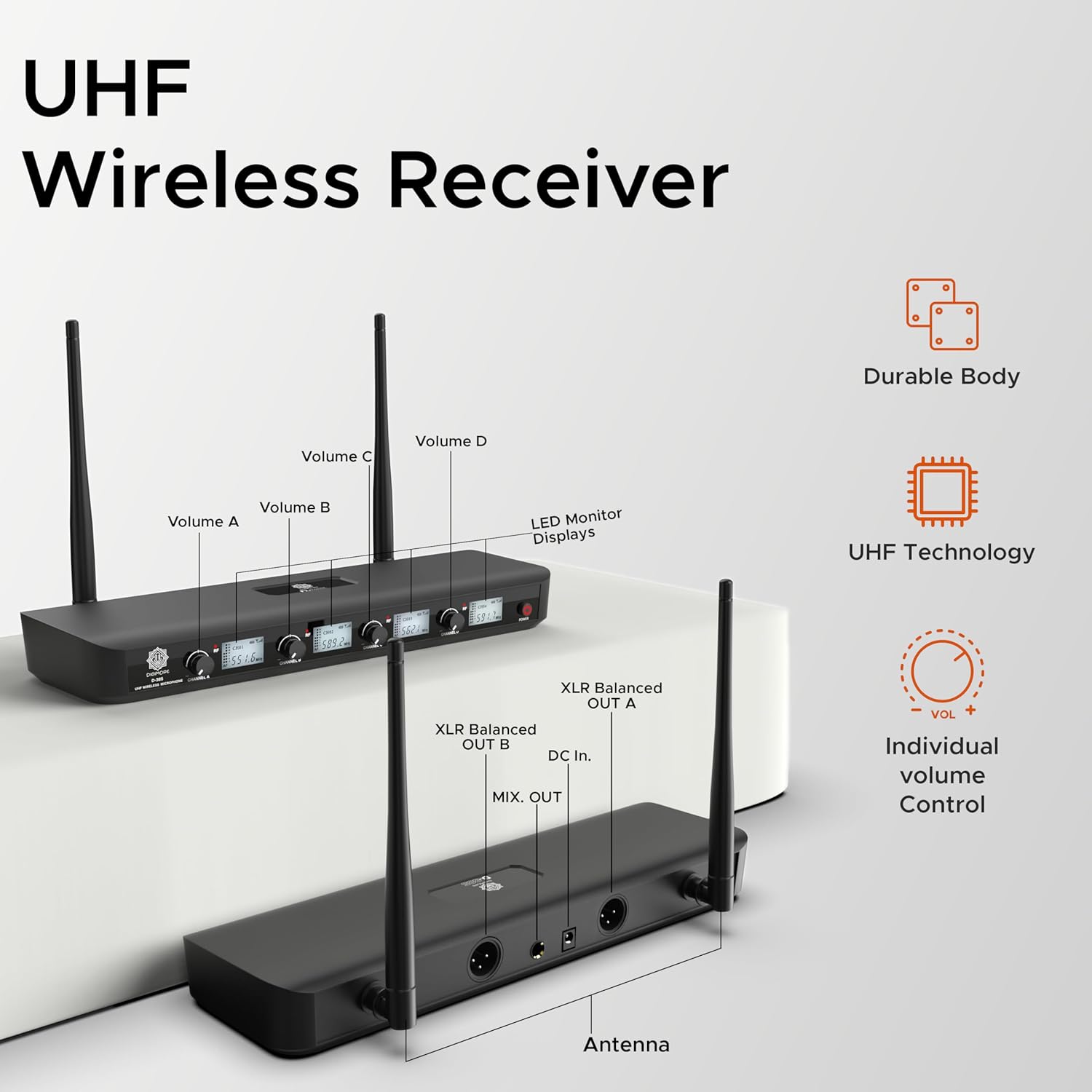 DIGIMORE 4 UHF Wireless Microphone System |197ft Range | Cardioid Pickup | 8Hrs Battery Life | XLR Balanced Outs | Perfect for Stage, Public Speaking, Events & Live Shows (D-385)