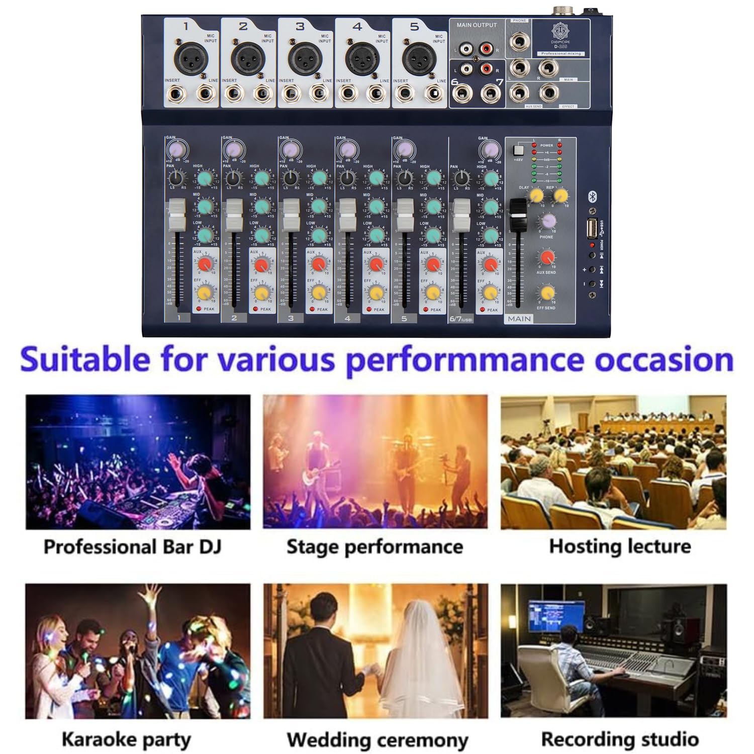 DIGIMORE 7 Channel Audio Mixer, Mixing Console with USB Audio mp3 and 48V Phantom Power, Stereo Equalizer, Ideal for Stage, Live Gigs, and Karaoke (D-255)