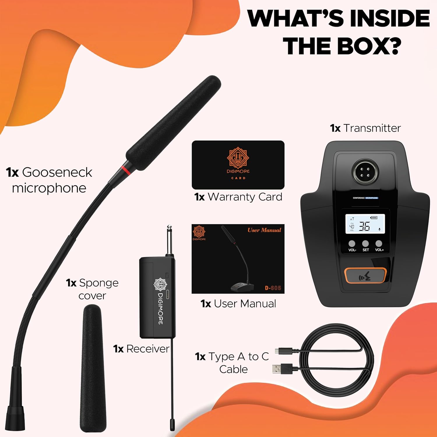 DIGIMORE UHF Wireless Gooseneck Microphone System | 24″ Adjustable Desktop Mic | 160 ft Range | 36 Channels | Ideal for Meetings, Lectures & Broadcasting (D-605)