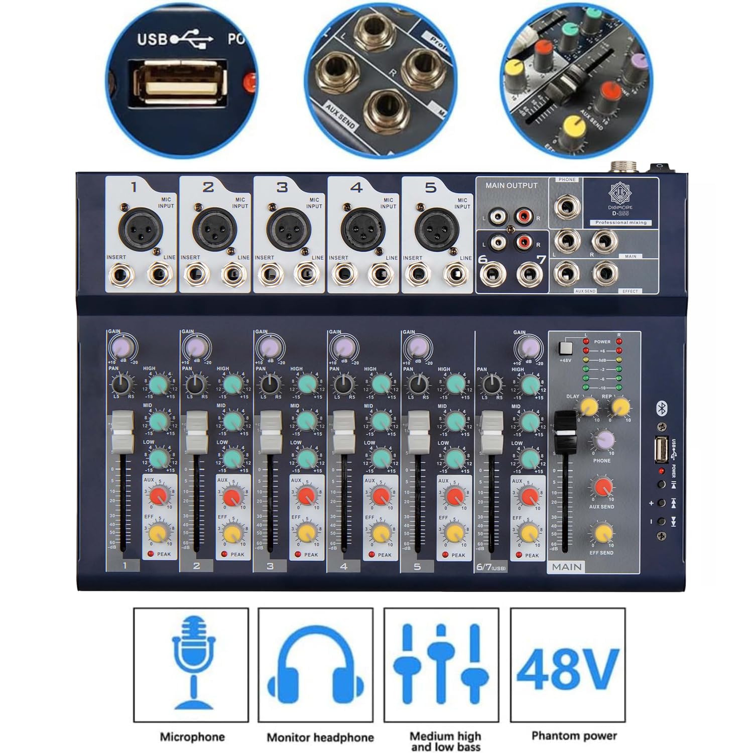 DIGIMORE 7 Channel Audio Mixer, Mixing Console with USB Audio mp3 and 48V Phantom Power, Stereo Equalizer, Ideal for Stage, Live Gigs, and Karaoke (D-255)