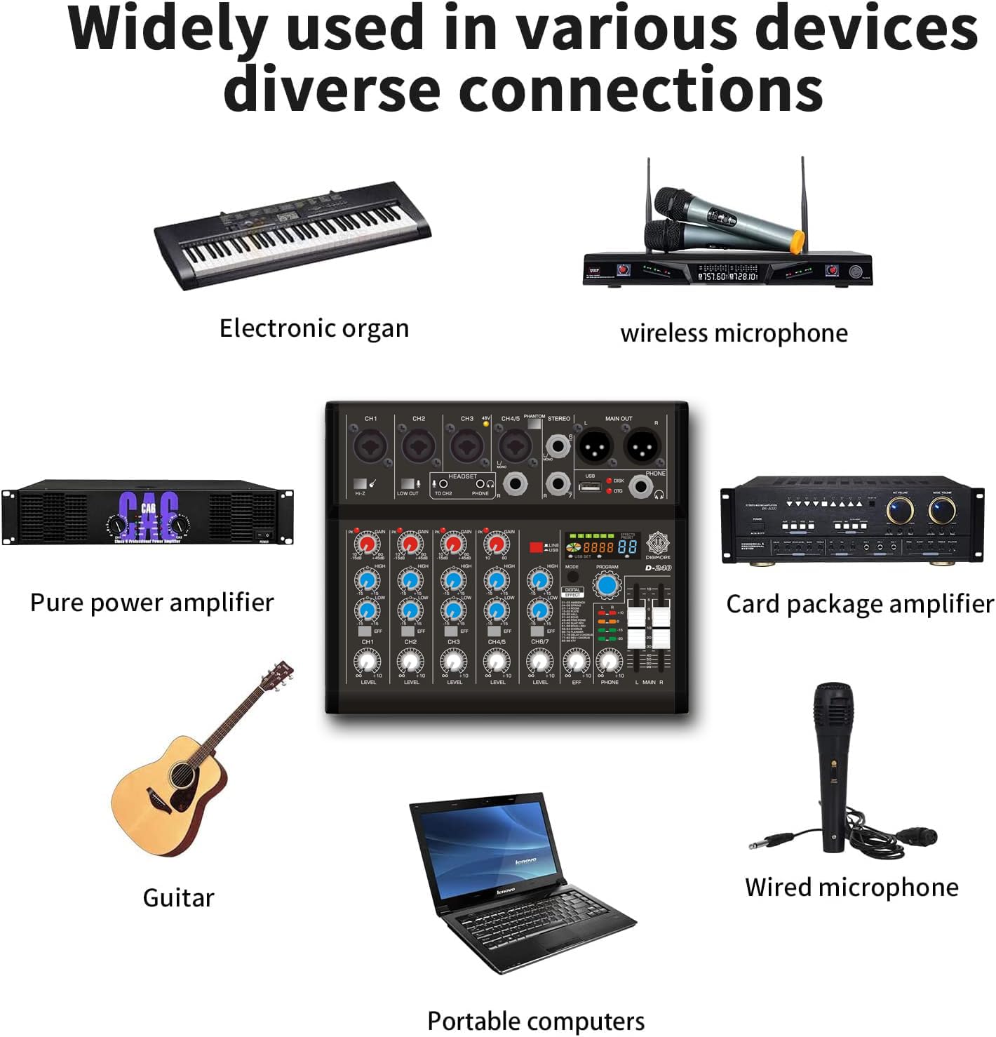 DIGIMORE 7 Channel Audio Mixer | DJ mixer Board | Bluetooth MP3 Mixer for Music With Sound Card Recording And 88 Kinds of DSP Digital Effects, USB Audio Interface for Karaoke (D-240)