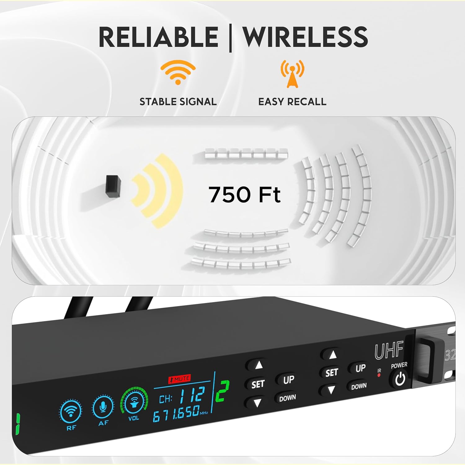 DIGIMORE UHF Wireless Microphone System with True Diversity | 200 Channels | 750ft Range | Metal Body with Flight Case | DSP Frequency Lock | Stage, PA, Karaoke, Public Speaking, Church (D-325)