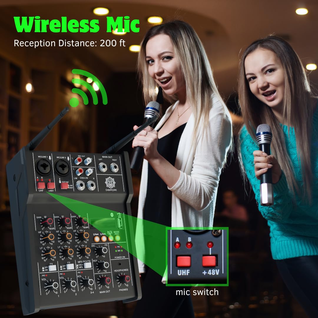 D-300 4 Channel Professional Audio Mixer With Dual Wireless Mic, Sound Board Console 16 DSP Controls MP3 Bluetooth 48V Phantom Power USB Interface DJ Mixing for Home Karaoke Party Studio Recording