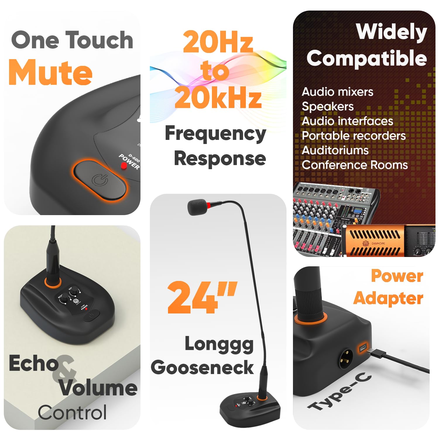 DIGIMORE 24" Desktop Podium Gooseneck Condenser Microphone | XLR Input, ON/Off Switch | Ideal for Meetings, Video Conferences, Streaming, Lectures (D-660)