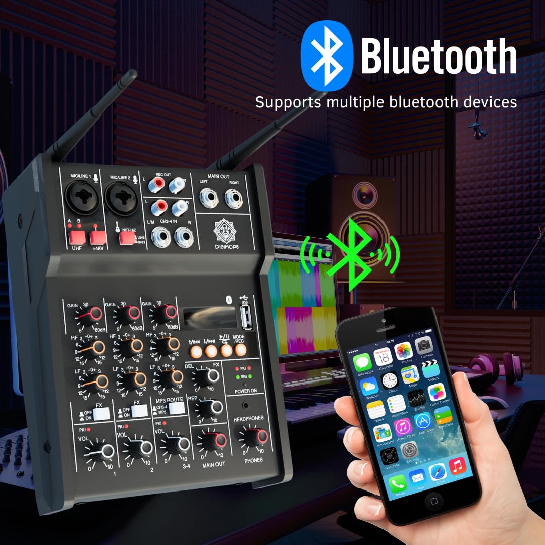 D-300 4 Channel Professional Audio Mixer With Dual Wireless Mic, Sound Board Console 16 DSP Controls MP3 Bluetooth 48V Phantom Power USB Interface DJ Mixing for Home Karaoke Party Studio Recording