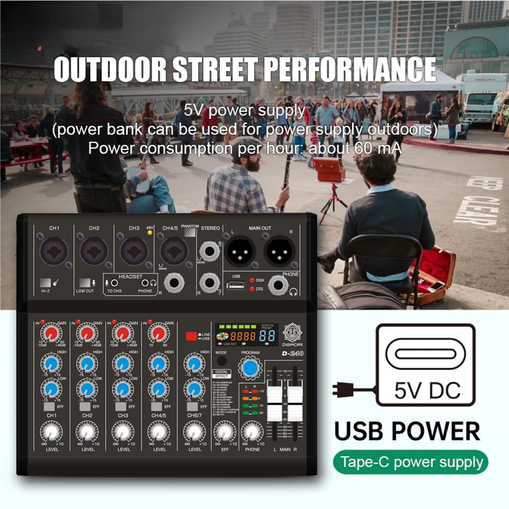 DIGIMORE 7 Channel Audio Mixer | DJ mixer Board | Bluetooth MP3 Mixer for Music With Sound Card Recording And 88 Kinds of DSP Digital Effects, USB Audio Interface for Karaoke (D-240)