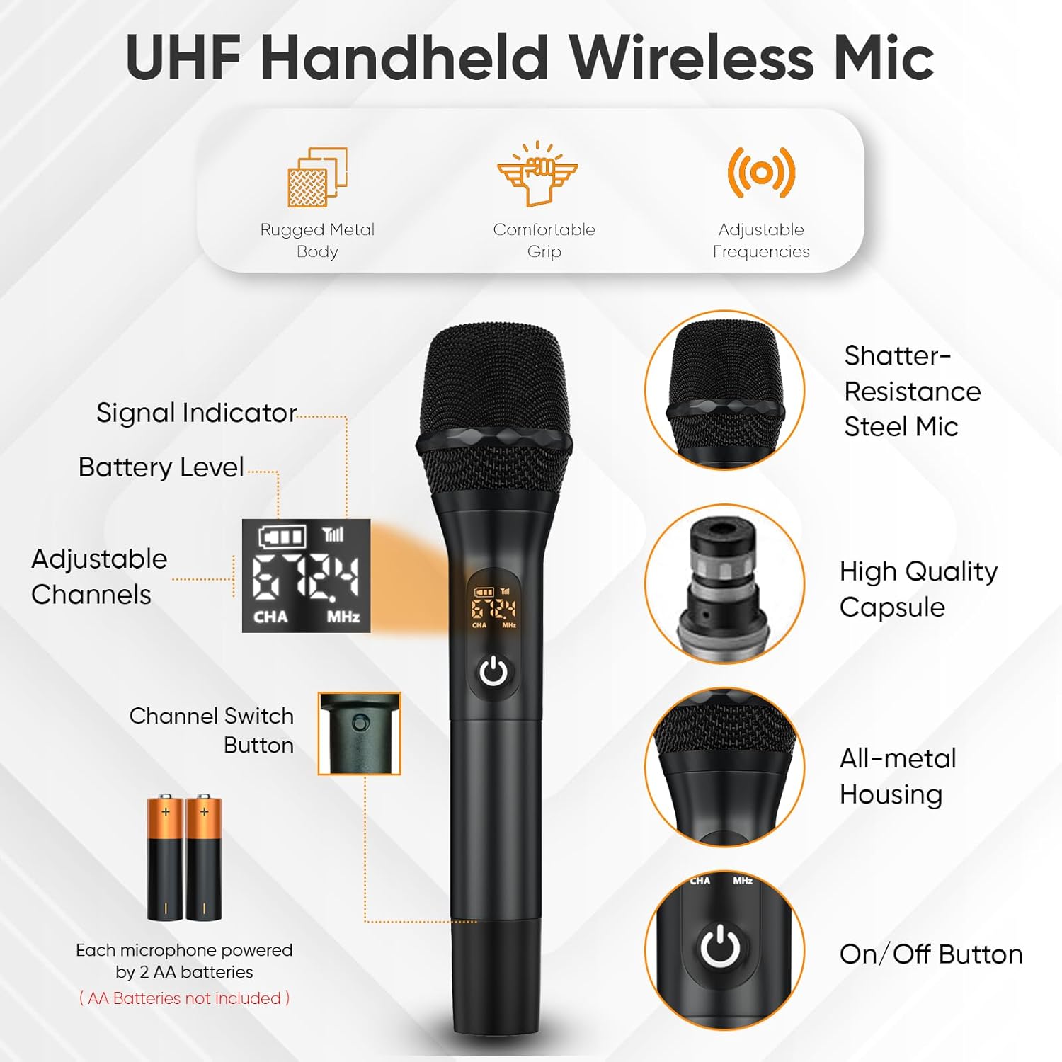 DIGIMORE UHF Wireless Microphone System | Handheld & Lavalier mic | 72 Channels | 350 Ft Range | Metal Body | Ideal for PA Systems, Stage, Church, Singing, Speech, Fitness, Conferences (D-395 HL)
